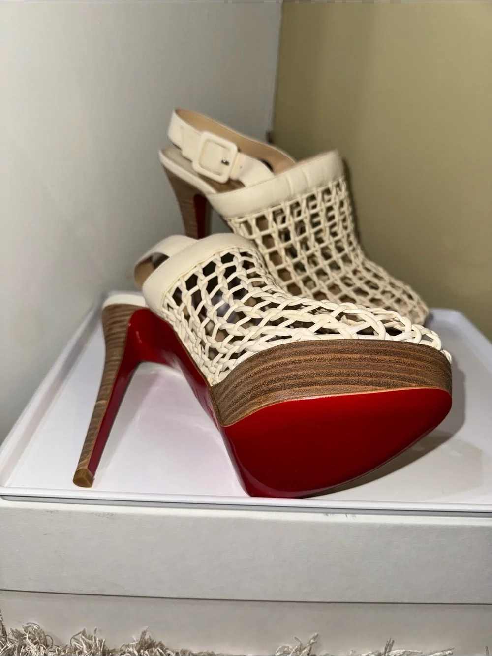 Christian Louboutin Cream Woven Slingback High-Heel Sandals